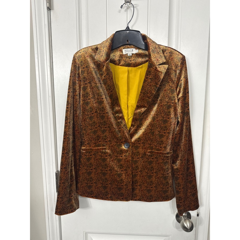 Molly Bracken Womens Velvet Floral Blazer Mustard Rust Tapestry Jacket Small